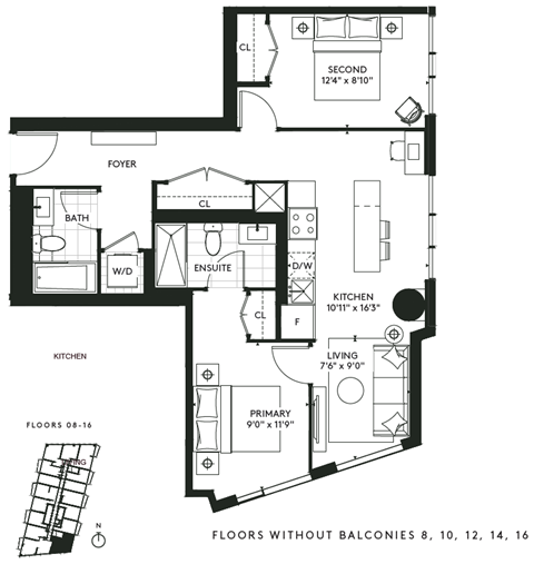 Floor plan for 2 beds, 2 baths, 850 sqft
